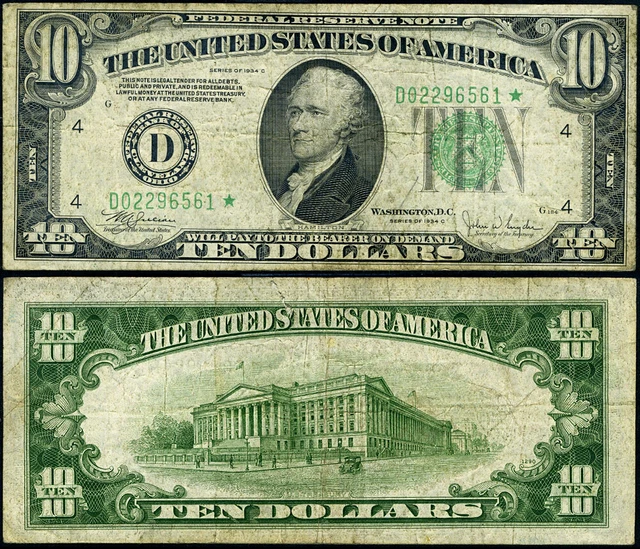 FR. 2008 D* $10 1934-C Federal Reserve Note Cleveland D-* Block Fine+ Star