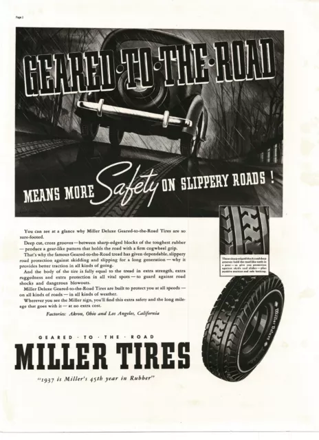 1937 Miller Tires Geared To The Road safety on slippery roads Vintage Print Ad