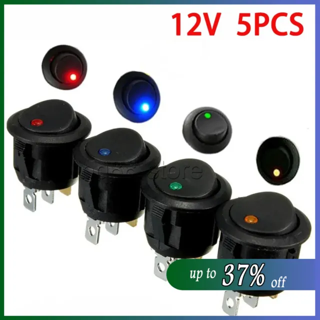 5PCS 12V LED Rocker Switch Light Round Black ON/OFF Switch for Car Van Dash Boat