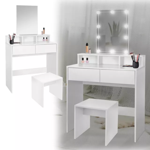 Juego de tocador con espejo con/sin LED y dos cajones + taburete blanco moderno