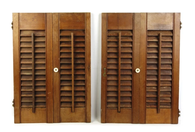 Vintage Wood Shutters Set Folding Louvered White Knobs 28”W x 20”