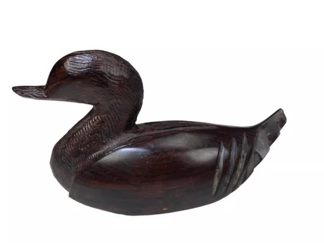 Carved Duck Heavy Solid Exotic Wood Primitive Figurine Dark Brown Bird Animal