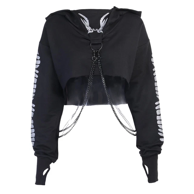 Donne Catena Manica Lunga Crop Top Pullover Riflettente Stampe Felpe Con