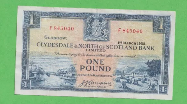 Scotland - Clydesdale & North Scotland Bank - 1952 - £1 One Pound Banknote