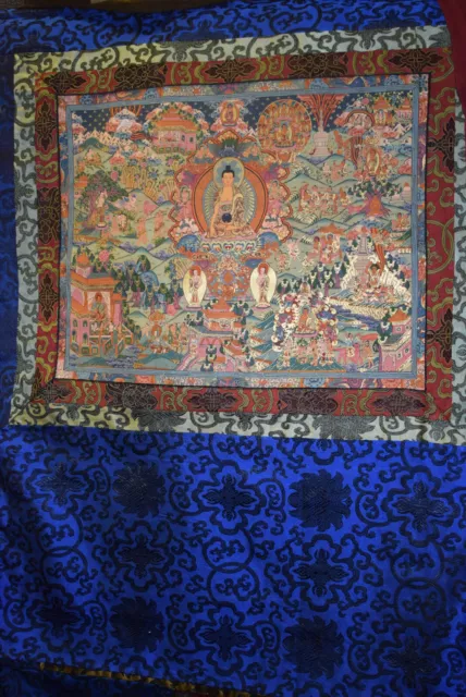 Thangkas Tibet Lebensgeschichte Buddhas sehr feine 24KtGoldminiaturmal. 92x86cm