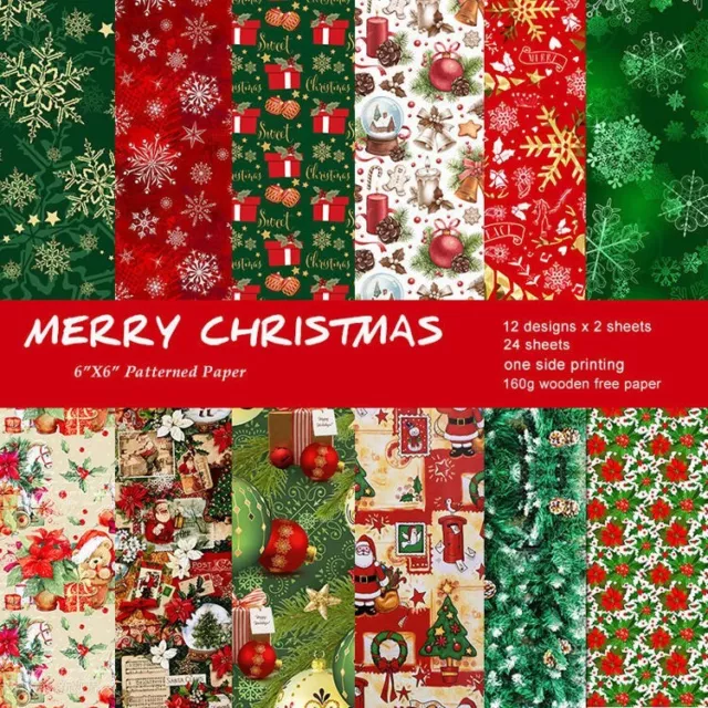 24 Sheets, 12 Designs Merry Christmas Decorative Acid Free Scrapbook Paper Set 1