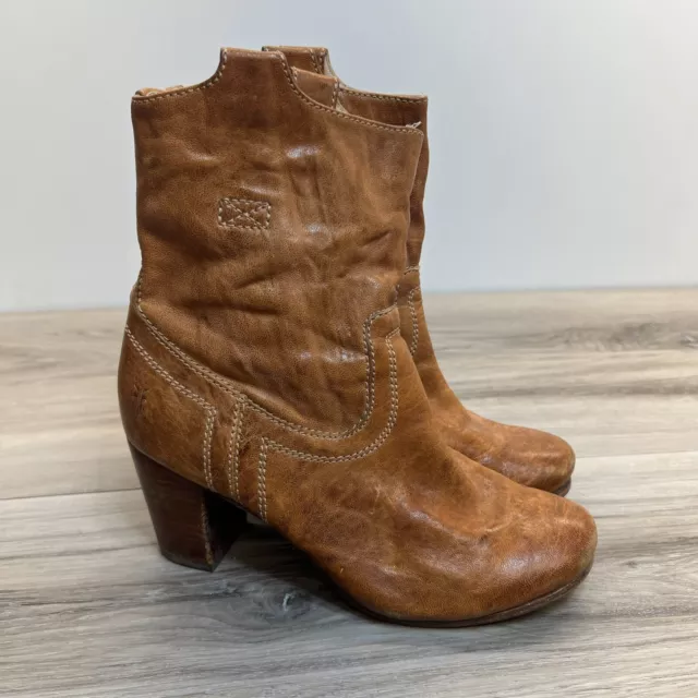 Frye Tan Leather Heeled Western Boots Womens Size 6.5M Carson Mid Heel Short
