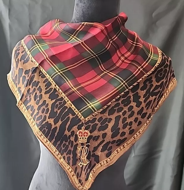 Vintage RALPH LAUREN  silk scarf Leopard And Plaid  print Made in Japan 21  x 21