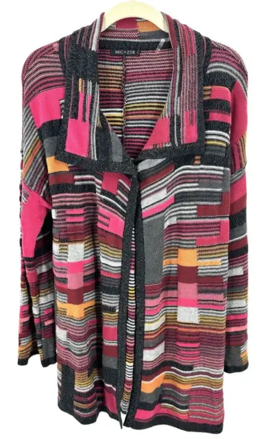 Nic + Zoe Patchwork Knit Cardigan Size Large Colorful Long Line Artsy Sweater