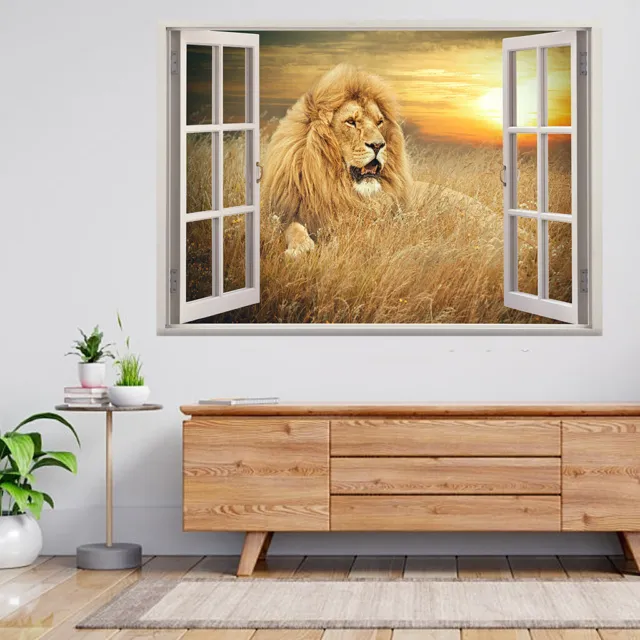 Picture Of Lions In Grass 3d Window View Wall Sticker Poster Decal A656