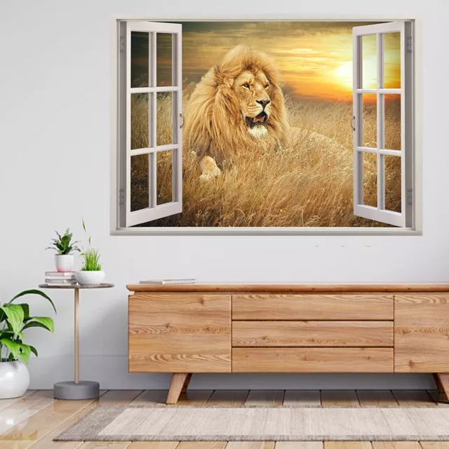 Picture Of Lions In Grass 3d Window View Wall Sticker Poster Decal A656