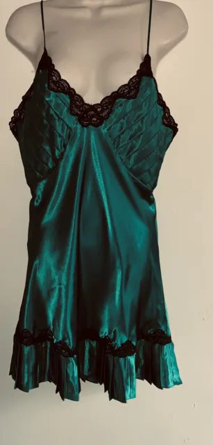 VTG VICTORIAS SECRET Satin Negligee Nightgown Green Black Lace LRG Gold ...