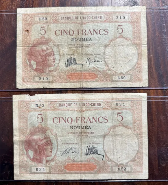 Lot of 2 New Caledonia, 5 Francs Banknotes, Noumea French Indochina, 1926-29