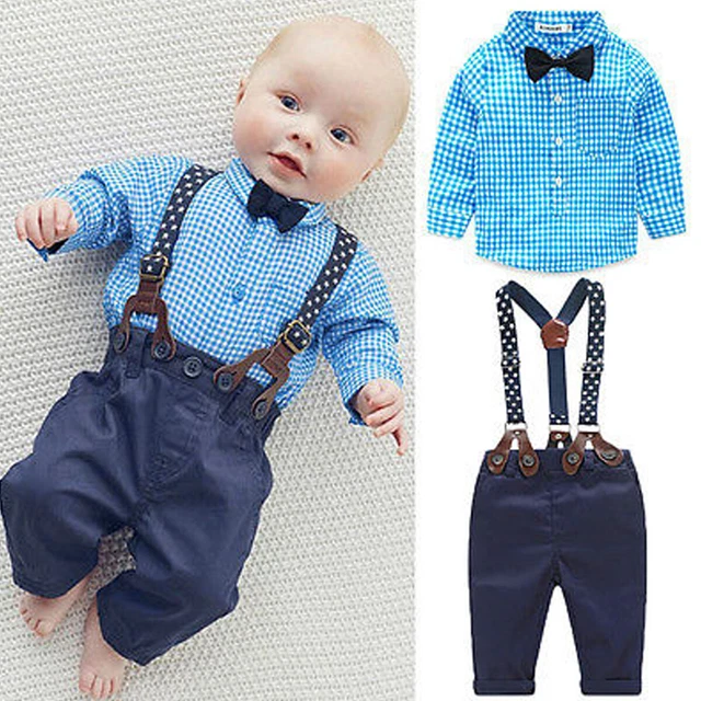 2Pcs Infant Baby Boy Plaid Shirt Romper+Suspender Pants Sling Outfit Clothes