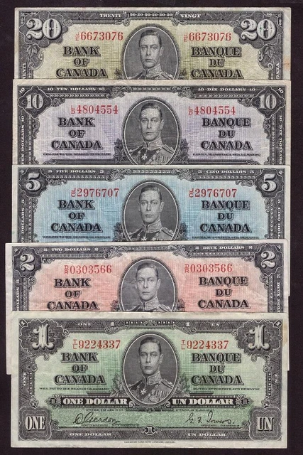 1937 Canada banknote set $20 $10 $5 $2 $1  5-notes all VF or better