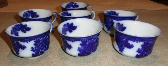 New Wharf Pottery Antique Waldorf Set of 7 Flow Blue Teacups England