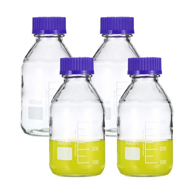 4 Pack Media Storage Bottles, 500ml Borosilicate Glass Graduated Round Bottles