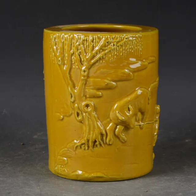 4.5" Collect China Porcelain Yellow Glaze Cameo Pasture Cattle Boy Brush Pot