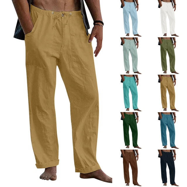 Mens Cotton Linen Trousers Straight Casual Pants Loose Baggy Drawstring  Pants , pants drawstring 