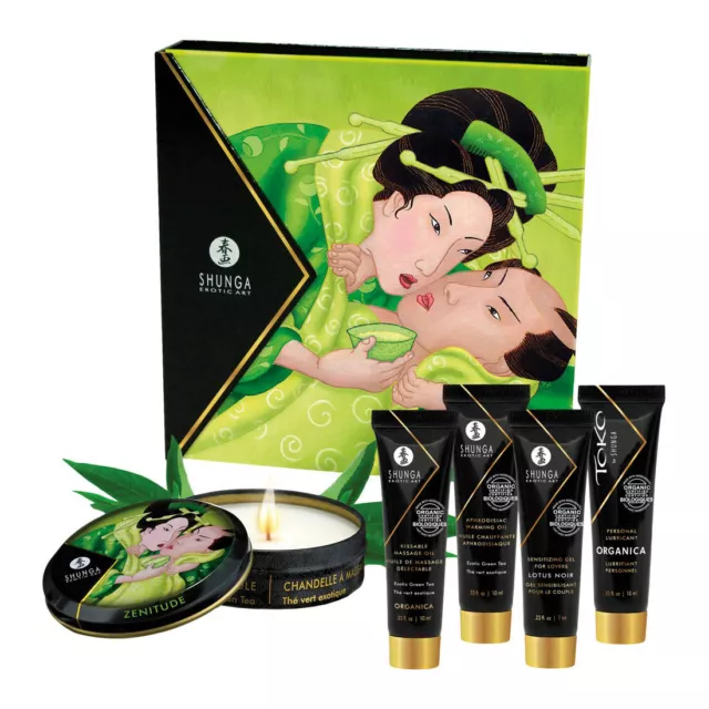 5-tlg Geschenk Set + Lotus + Grüner Tee + Massage-Öl Kerze + Stimulations-Creme