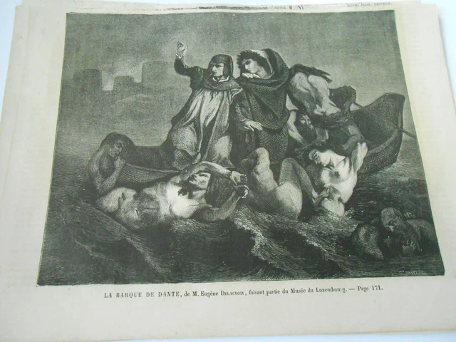 Gravure 1861 - La Barque de Dante d'après Eugène Delacroix