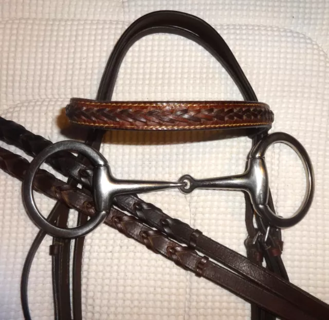 COLLEGIATE Bridle, Laced Reins & Snaffle Bit -Raised/Fancy BRAID- Full Size-NICE