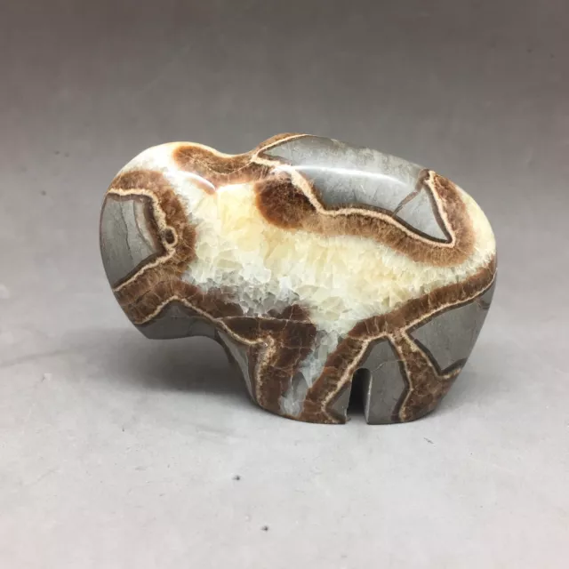 Septarian Nodule Carved Stone Buffalo Bison 3" long x 2 1/8" t White Reverse SEE