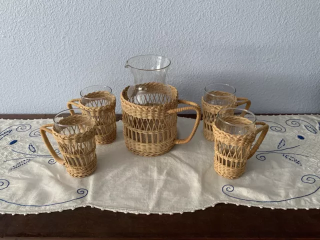 VINTAGE 70’s Rattan Wicker Pitcher Glass Set Woven Handle BOHO MCM TIKI BAR