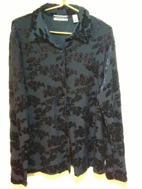 AMANDA SMITH Women's Button Down Blouse size 16 Blue Burnout Velvet Long Sleeve