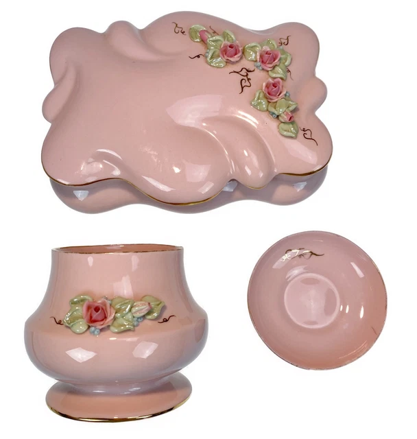 4 Pc Vanity Trinket Set Cigarette Holder Pink Porcelain Roses Beebe California