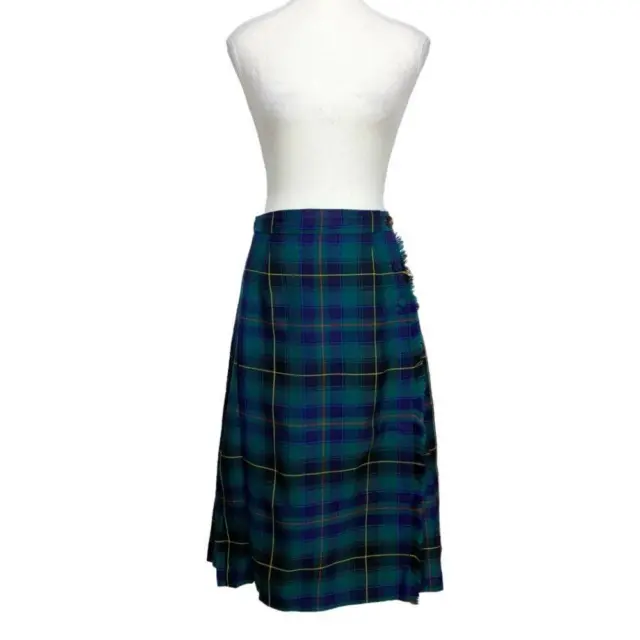 Highland Queen Green Wool Blend Plaid Tartan Fray Pleated Kilt Skirt - 10