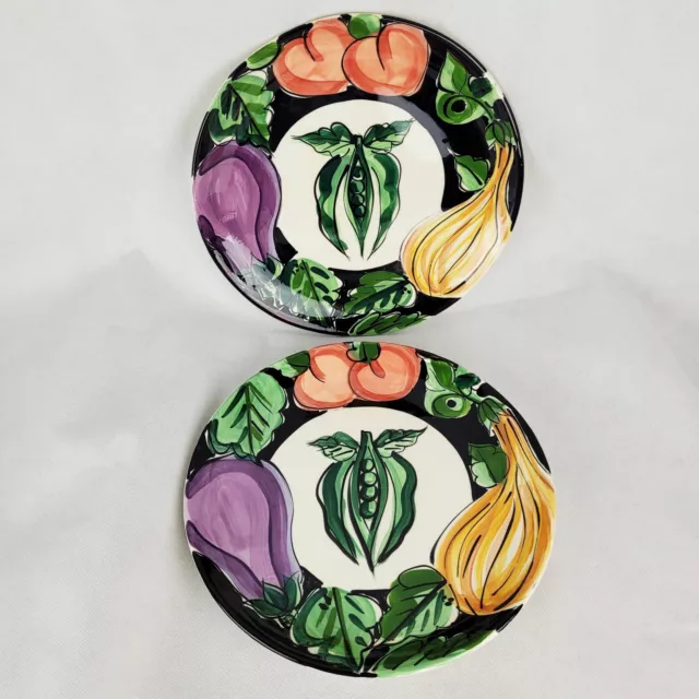 Vicki Carroll BON APPETIT Set 2 Dinner Plates 10" Signed Vegetables Ceramic 1995