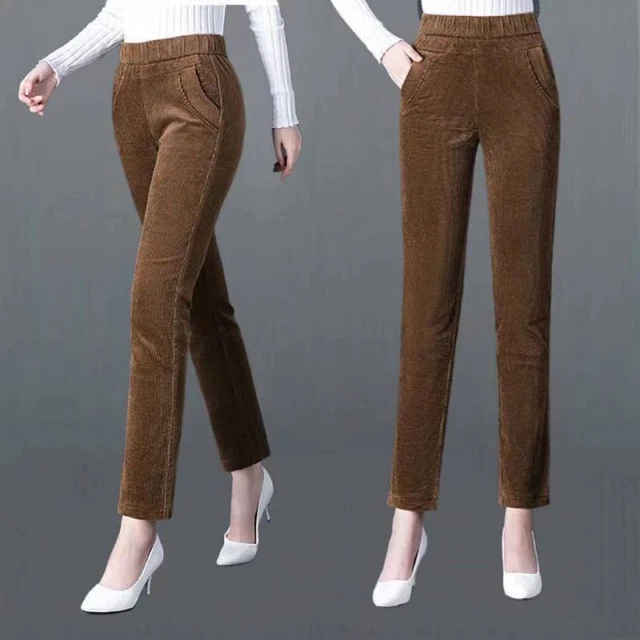 Fatyb Pantalon En Velours Côtelé Pour Femmes Taille Haute Élastique Jambe Droite Avec Poches Pantalon Décontracté Pour Femmes
