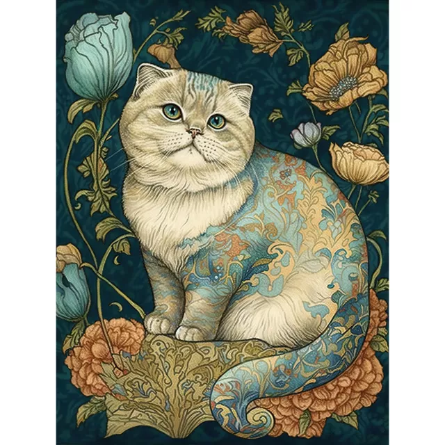 William Morris Inspired Cat Floral Pattern Canvas Poster Print Picture Wall Art