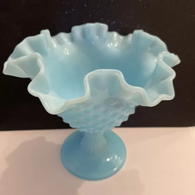 Fenton Light Blue  Milk Glass Hobnail Pedestal Ruffled Compote Candy Dish