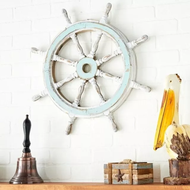 36'' hand painted White Blue SCRATCHED Wheel Wooden Captain Boat Pirate New Item