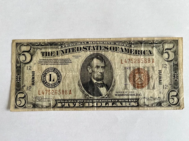 1934 $5 Dollar Hawaii Federal Reserve Note