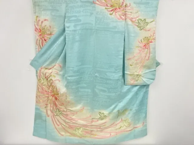 80756# Japanese Kimono / Antique Furisode / Embroidery / Kiku