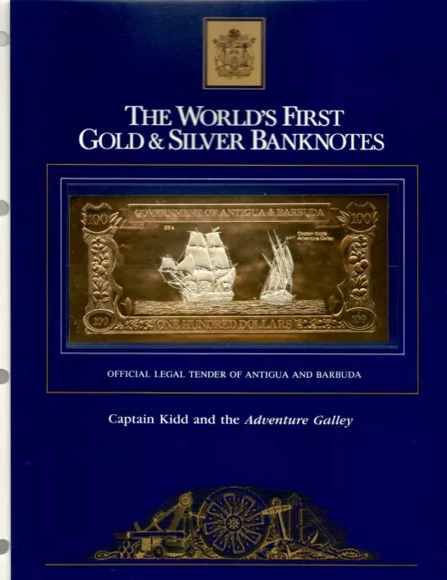 23kt Gold & Silver UNC $100 Antigua 1981 - Captain Kidd & the Adventure Galley