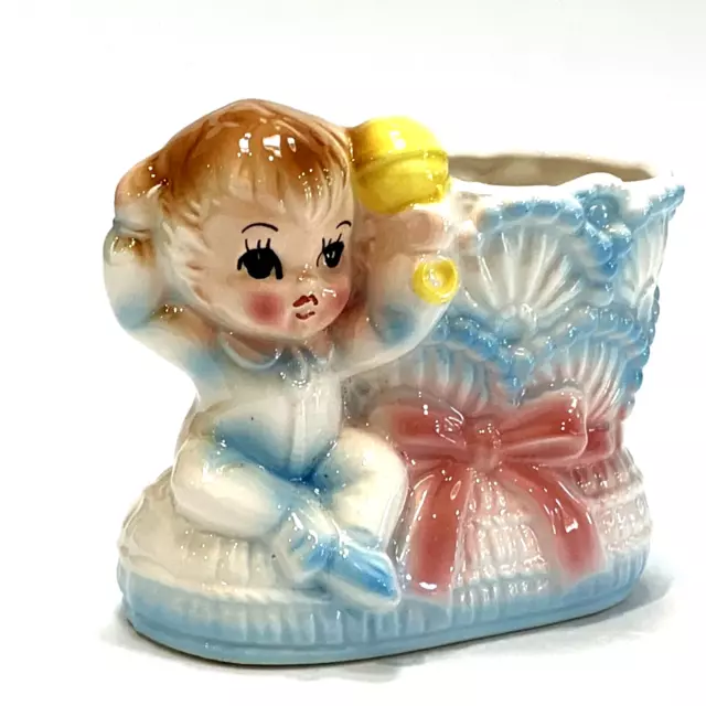 Kitsch Vintage 60s Ceramic BABY & BLUE BOOTIE PLANTER Figurine 10cmH EUC