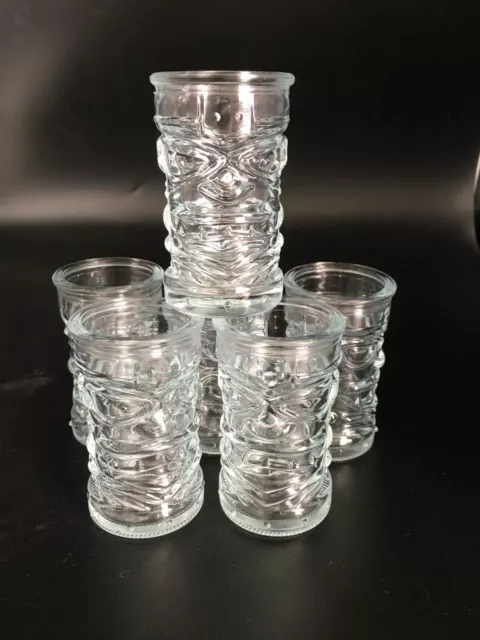 NEW 6Pc Tiki Head Barware Clear Shot Glasses 3” Tall, 2.5” Diameter.