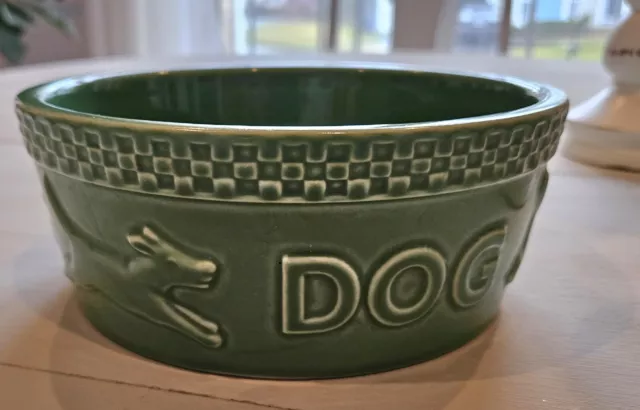 Longaberger Mulligan Pottery Dog Bowl Green  7.5 Inches Made in USA