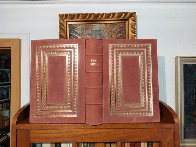 Riesige BIBEL Luxusausgabe BUCHMALEREI Prachtvoller LEDER HANDEINBAND Unikat!