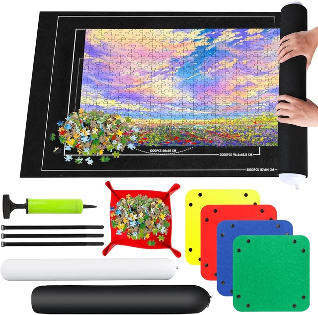 Tappetino Puzzle In Feltro Portatile Con Tubo E Vassoi – Adatto Fino A 2000 Pezzi (120x80 Cm, Nero)