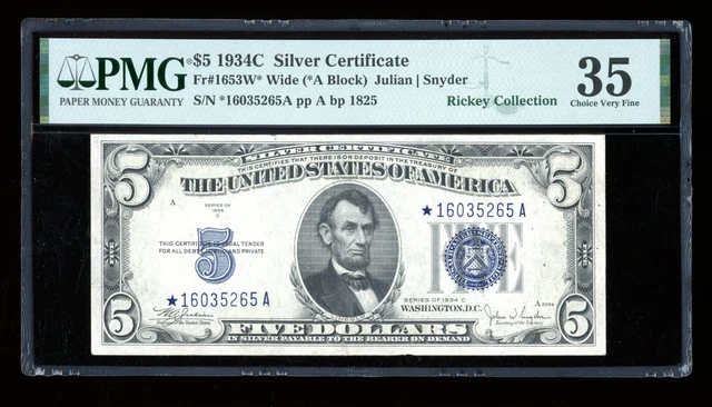DBR $5 1934-C Silver STAR Fr. 1653W* Wide PMG 35 Serial *16035265A