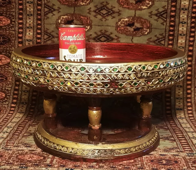 BURMESE ALTAR TABLE vtg thai temple buddha bowl sculpture gold gilt wood lacquer