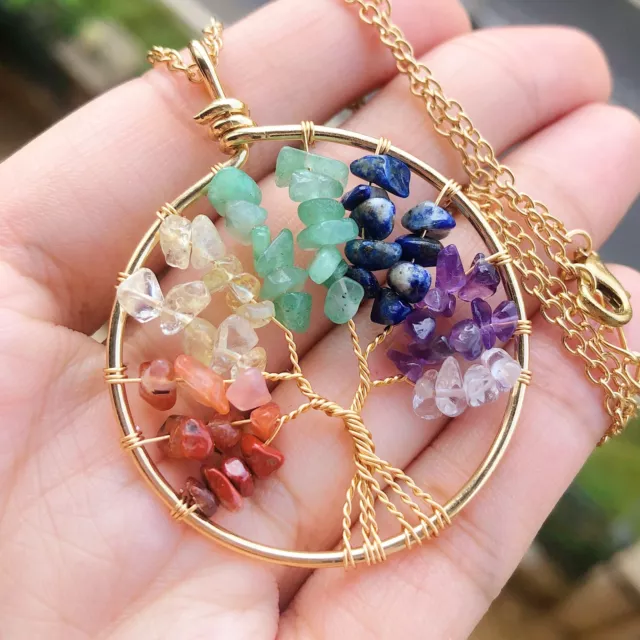 7 Charka Gem Tree Of Life Water-Drop Necklace Chakra Reiki Healing Amulet