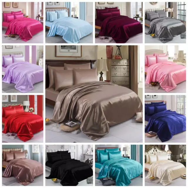 6 PCS SATIN SILK BEDDING SET DUVET COVER FITTED SHEET & 4 PILLOW CASES-All SIZES