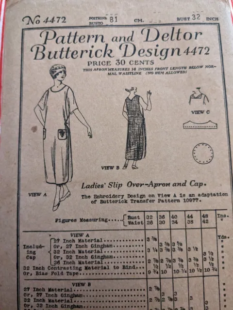 1920s Butterick Sewing Pattern 4472 Slip Over Apron & Cap Antique FF Rare