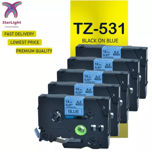 5 Label Tape Black on Blue Compatible With Brother TZ531 PT-E110VP E110VP E300VP